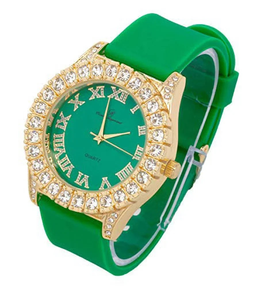 Mens Silver Big Rocks with Roman Numerals Fully Iced Out Colorful Dial Watch - ST10327 RN Single (ST10357 Gold Green)