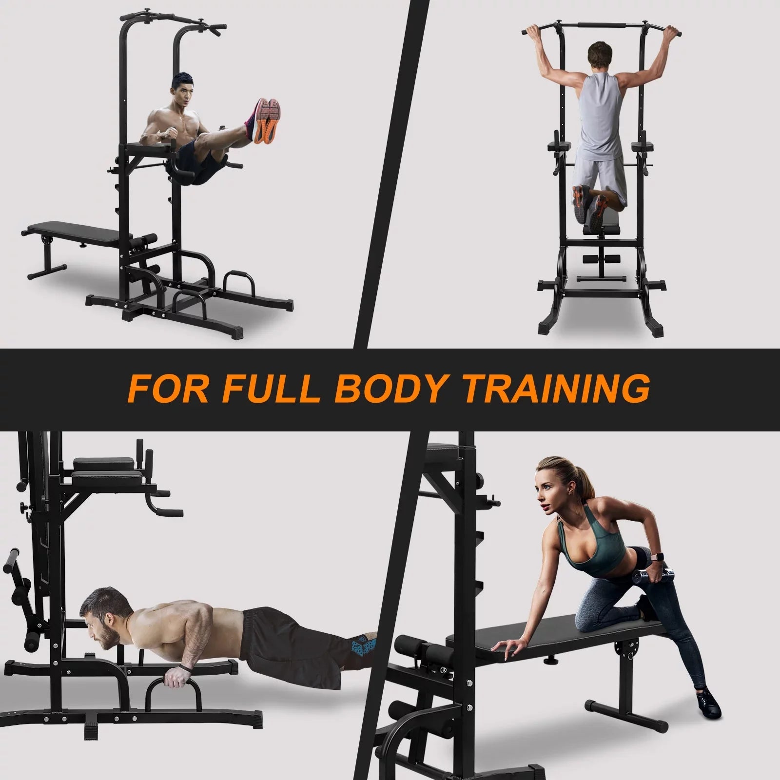 Power Tower Dip Station with Bench Pull Up Bar Stand Adjustable Height Heavy Duty Multi-Function Fitness Training Equipment for Home Office Gym,Steel