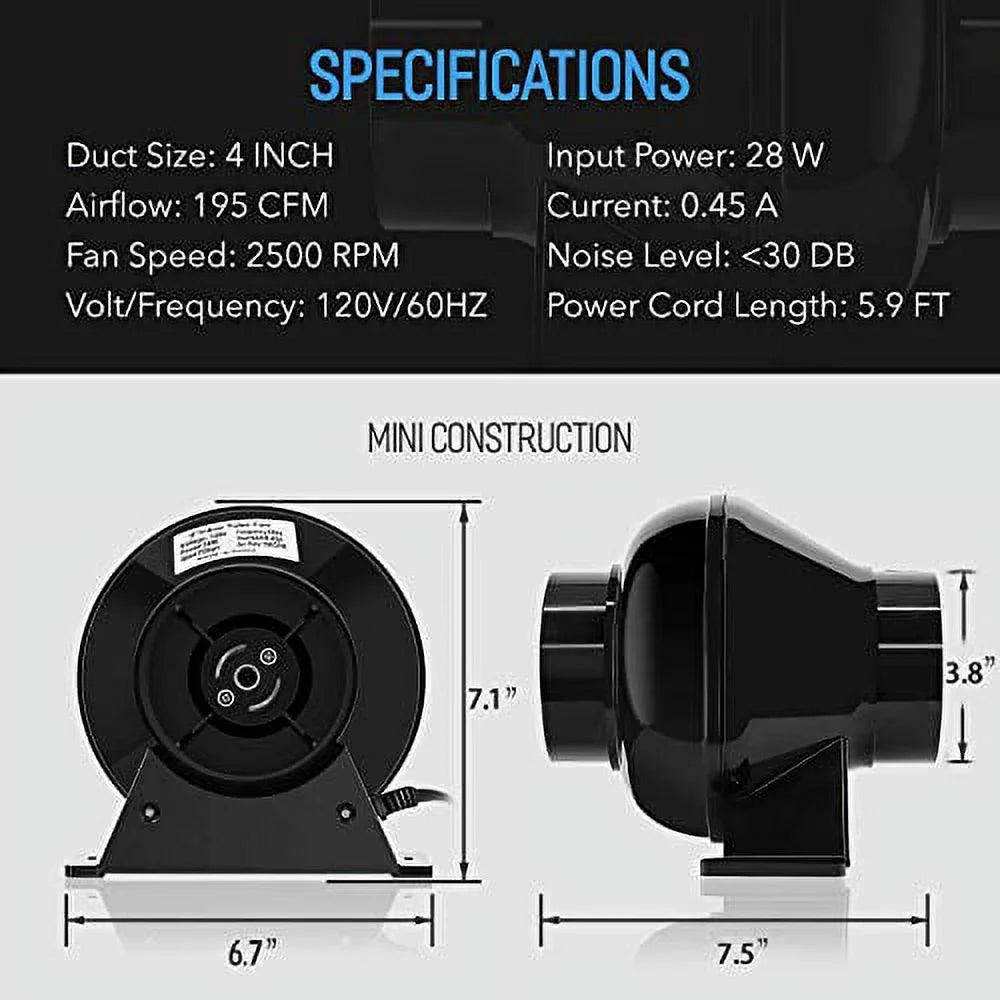 iPower 4 Inch 195 CFM Inline Fan Circulation Vent Blower, Air Carbon Filter, 8 Feet Ducting, Speed Controller, 1-Pair Rope Combo for Grow Tent Ventilation and Temperature Humidity Monitor, Low noise