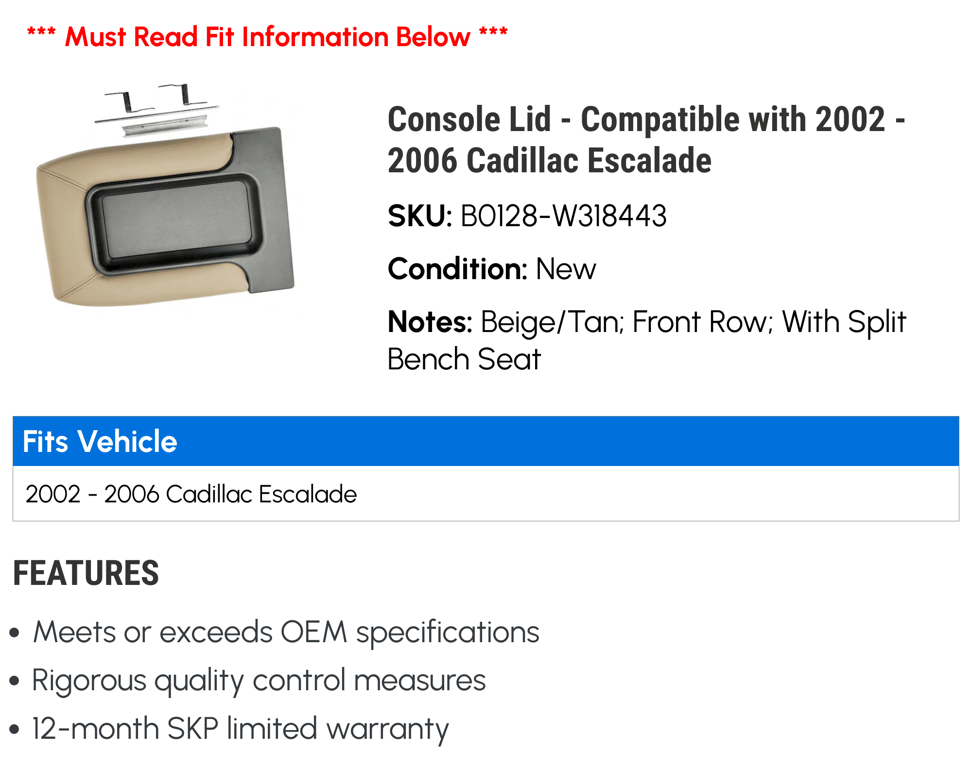 Console Lid - Compatible with 2002 - 2006 Cadillac Escalade 2003 2004 2005