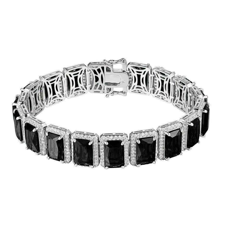 14K White Gold Finish Onyx Black Simulated Diamonds Solitaire Mens Ladies Bracelet 10mm / 8.5 Inch
