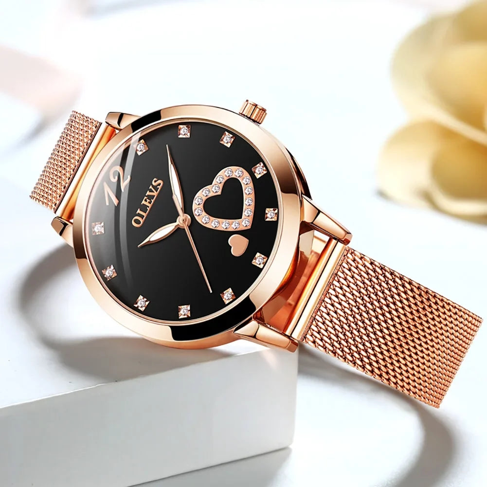 Olevs Elegant Women's Watch, Rose Gold Diamond Hearts Big Face Mesh Strap Fashion Dress Japanese Quartz Liquid Luminous Ladies Watches, Female Wristwatch, Gifts for Women