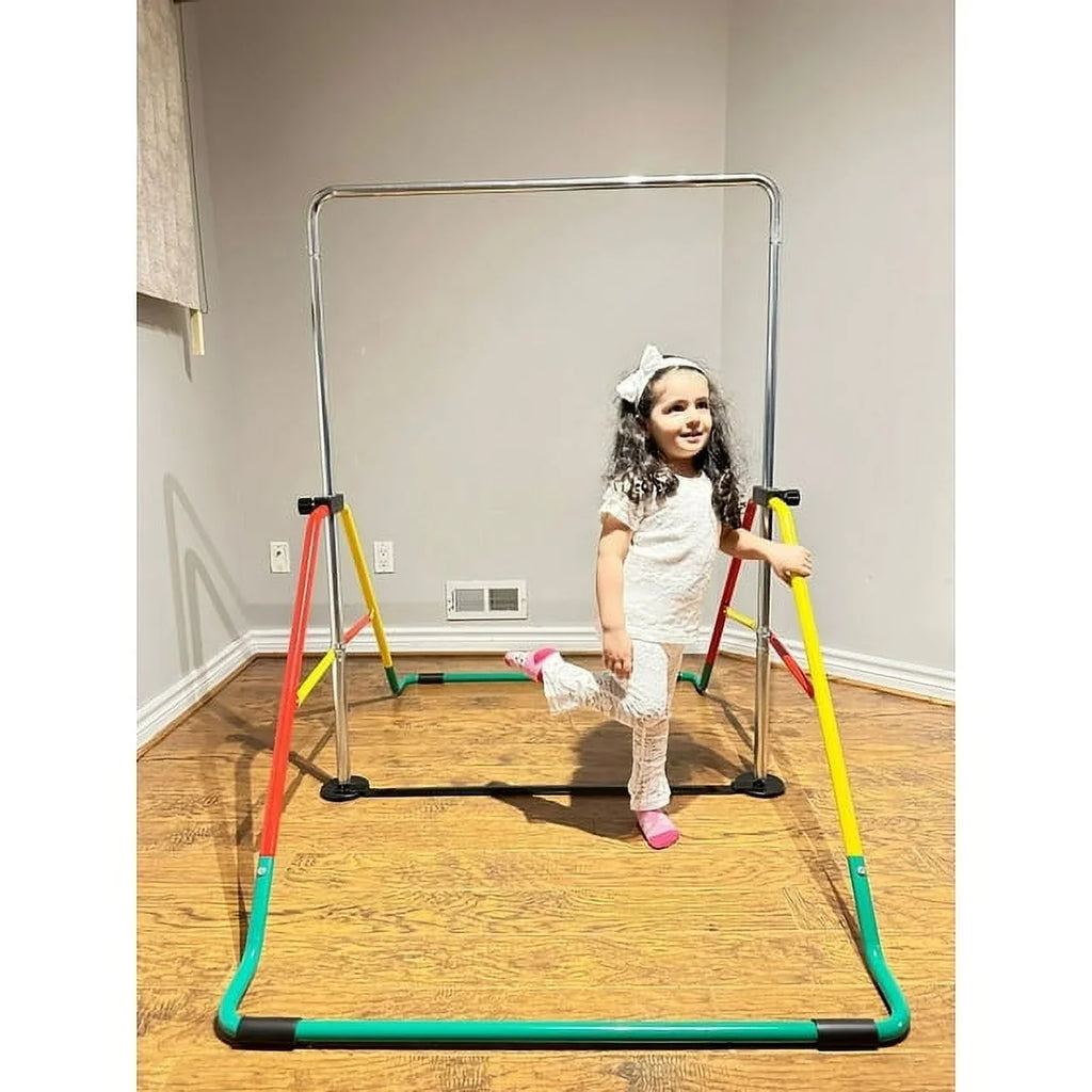 Kids' Adjustable Gymnastics Bar - Home Training Playground Equipment, Red/Yellow, Folding & Expandable