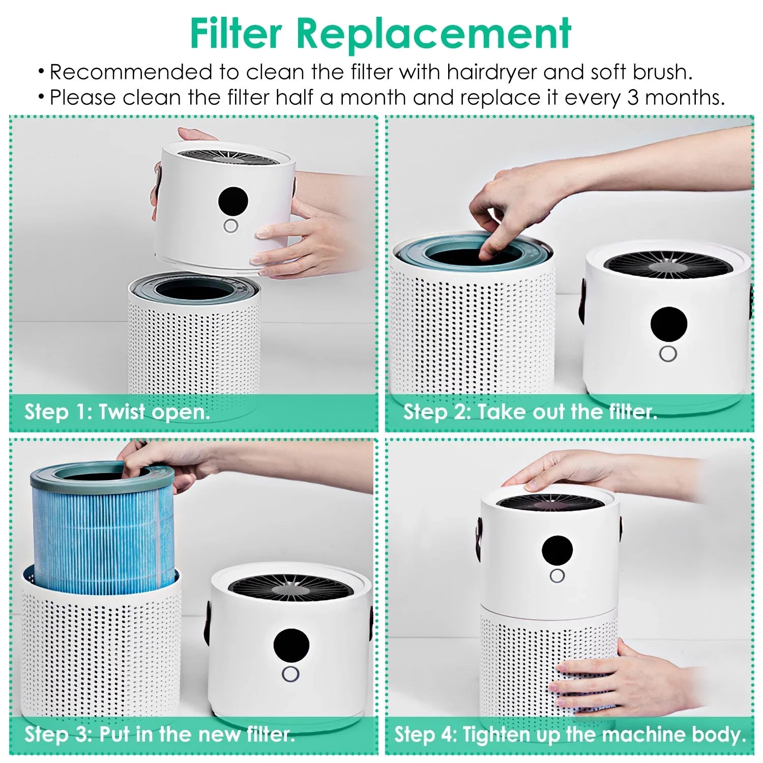 Portable Anion Air Purifier with Night Light, Electronic Air Sterilization with Handle for Home Office Car, White