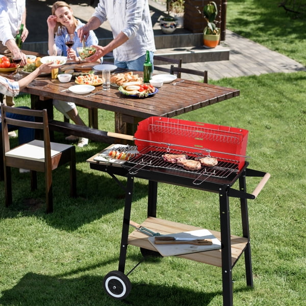 27 Inch Portable Charcoal Grill with Wheels for Outdoor Cooking Barbecue Camping BBQ Coal Grill Heavy Duty Square for Small Patio Backyard
