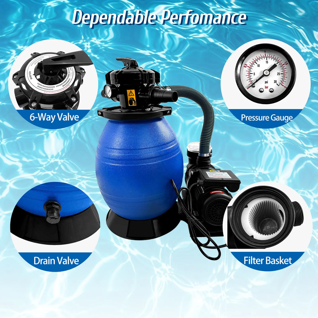 JSTUOKE 13" Pool Sand Filter, 6 Way Valve High-Flo Sand Filter Pump System w/ 3/4HP Pool Pump, Filter up to 10,000GAL Above Ground Swimming Pool