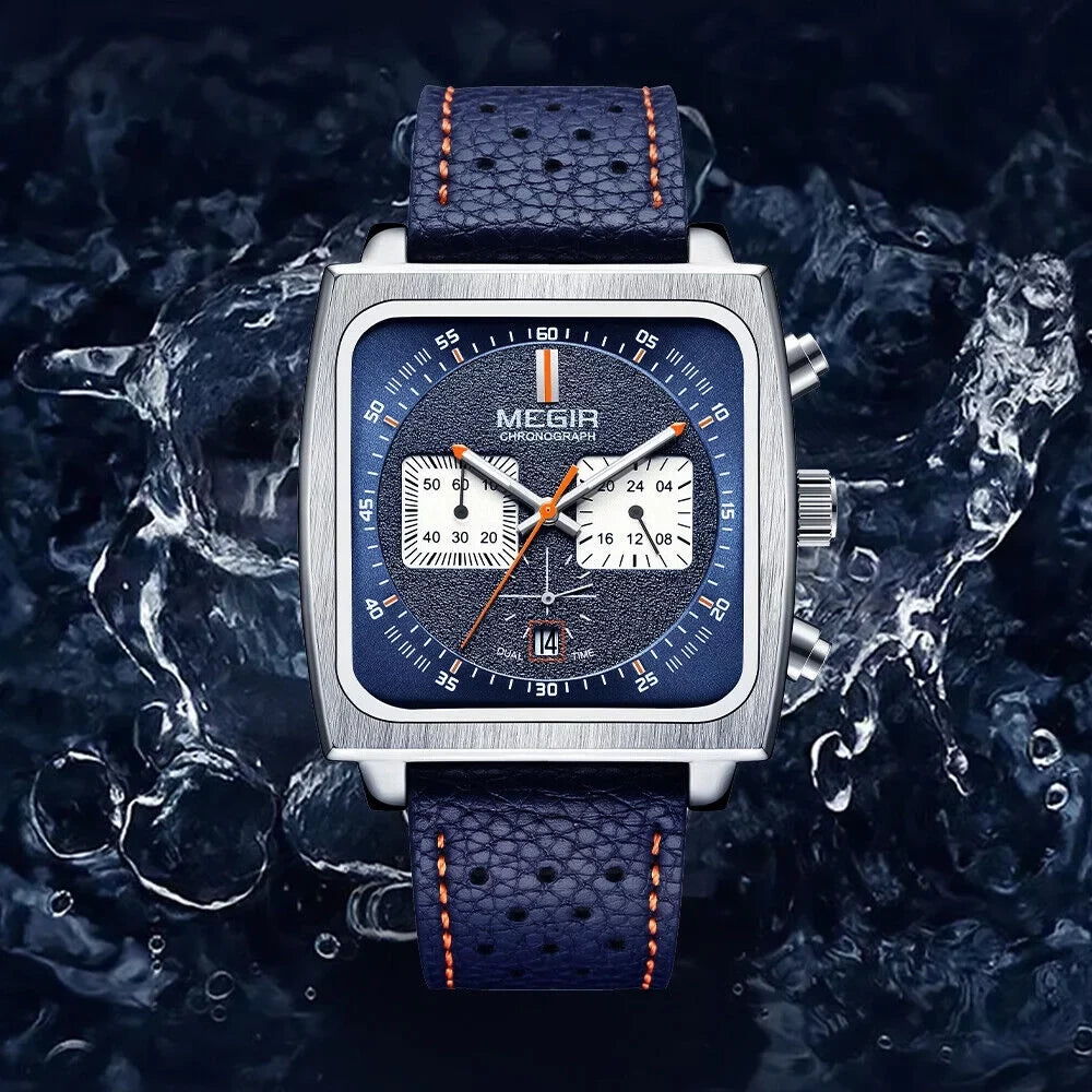 KingFurt MEGIR Liquid Blue Square Dial Quartz Watch - Luminous, Date Display - Men's Leather Watch