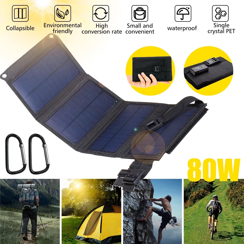 MDHAND 80W Solar Panel Foldable Suitable for Portable Power Station, iPhone, Ipad, Mobile pc USB Port, Suitable for Outdoor Camping Caravan RV Travel
