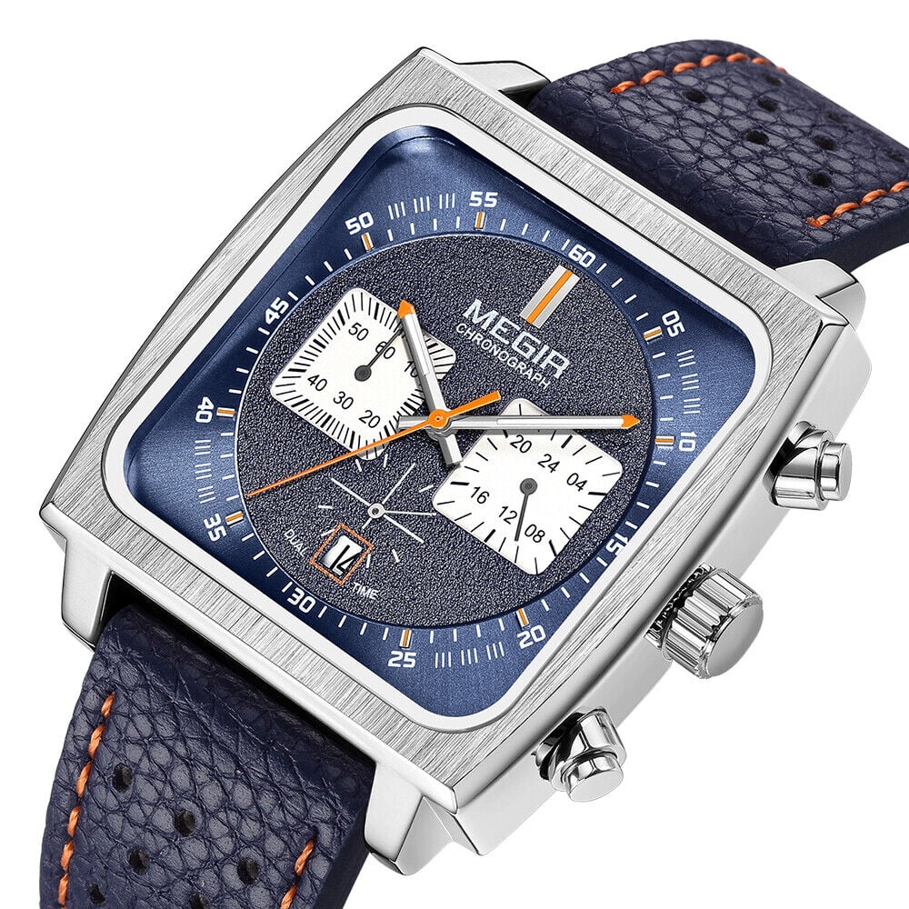 KingFurt MEGIR Liquid Blue Square Dial Quartz Watch - Luminous, Date Display - Men's Leather Watch