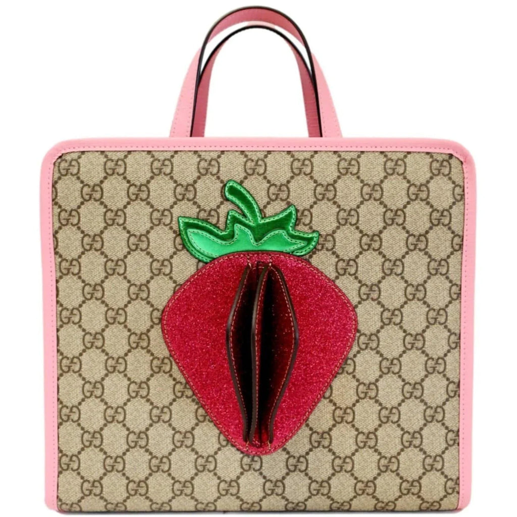 Pre-owned GUCCI Kids Strawberry GG Supreme Canvas Tote Bag Beige 630589