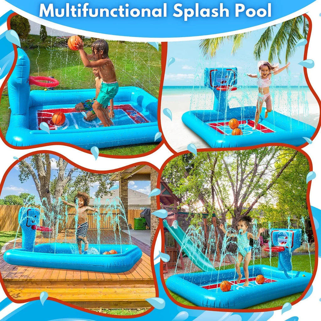 Splash Pool Pad With Sprinkler System, Hoop And 2 Inflatable Basketballs - Splash Pad For Kids - Kids Summer Toys And Fluid 82-inch.
