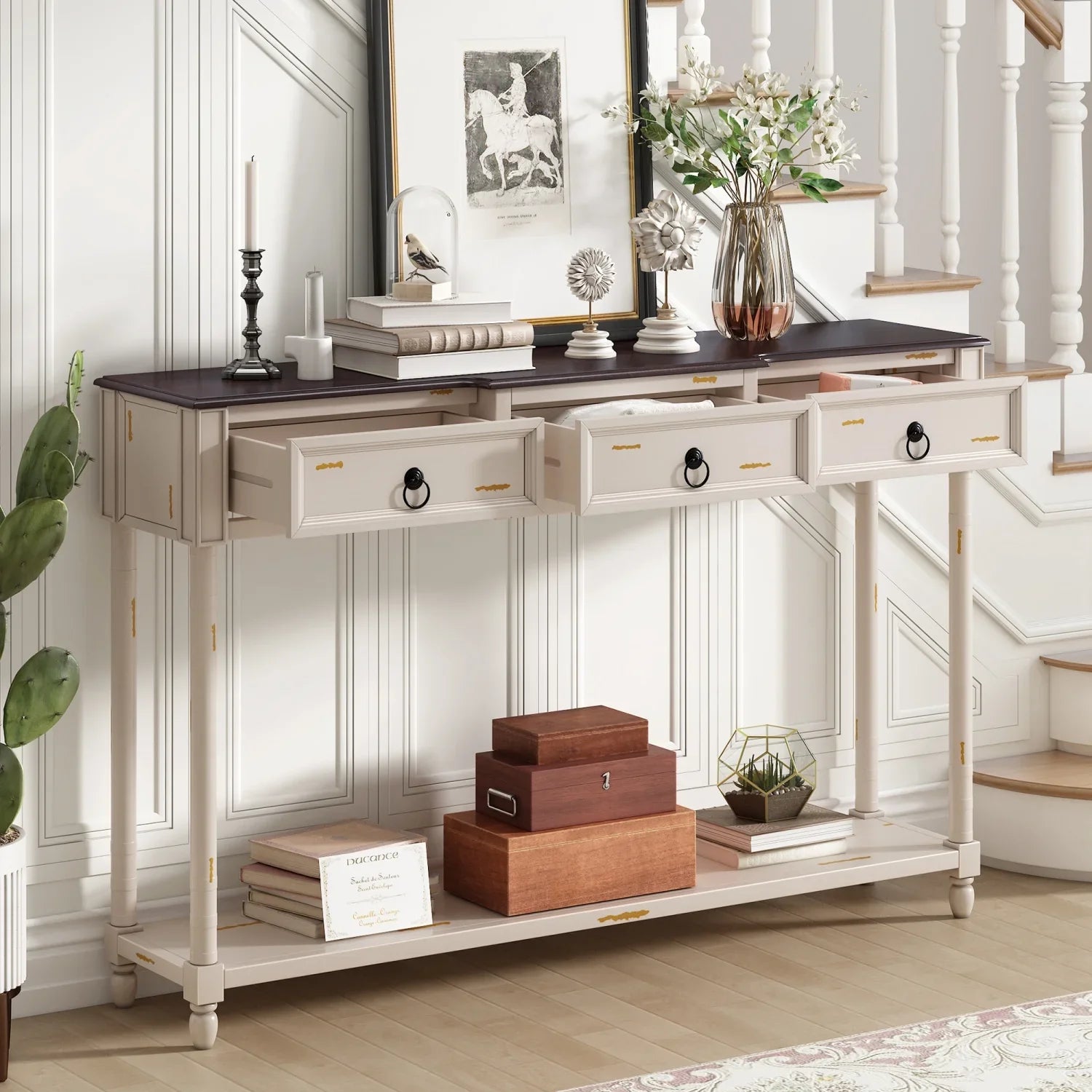 TREXM Console Table Sofa Table with Drawers for Entryway with Projecting Drawers and Long Shelf (Antique White OLD SKU WF189574AAK)