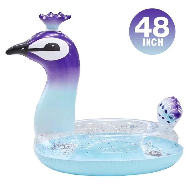 Ionale 48 Inches Inflatable Glitter Swimming Pool Toys Peacock Designed with Fast Valves Summer Fun Beach Party Lounge Raft Decorative Fluid Game for Kids