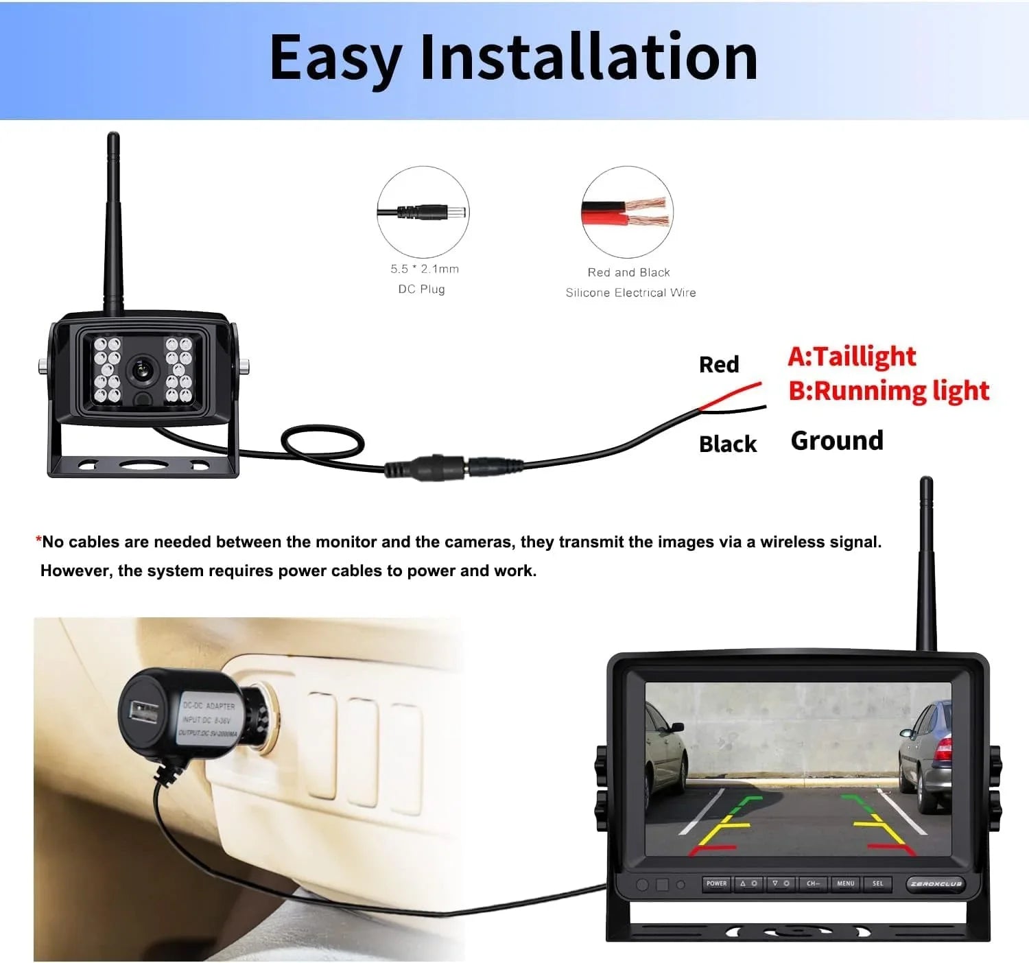ZEROXCLUB Wireless Backup Camera 7'' 1080P HD LCD Monitor IP69 Fluid Night Vision Parking System for RV/Truck/Trailer/Van/Bus SW01