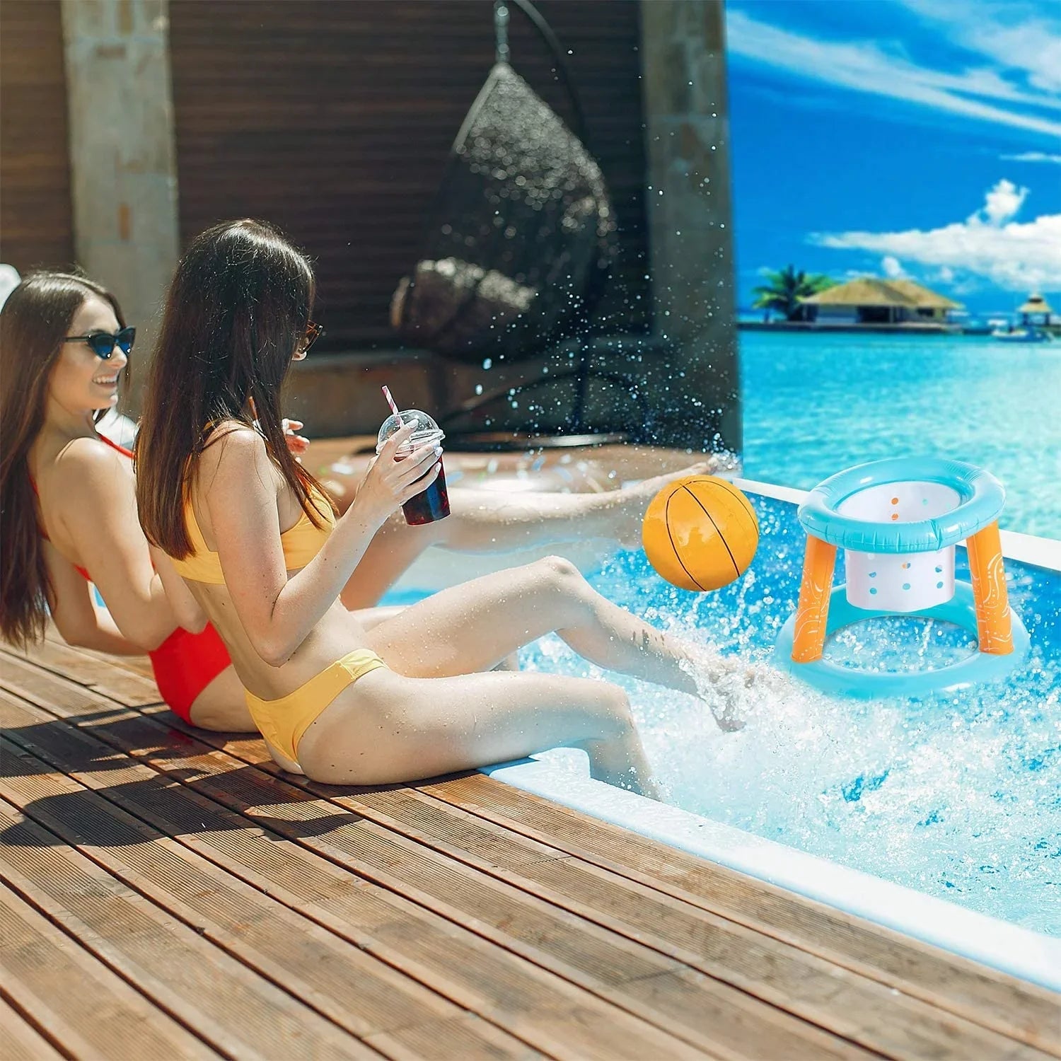 Marigold Inflatable Basketball & Volleyball Net with 2 Ball, Basketball Hoops Swimming Pool Game for Kids, Volleyball Court Adults, Outdoor Family Fun | Light Blue