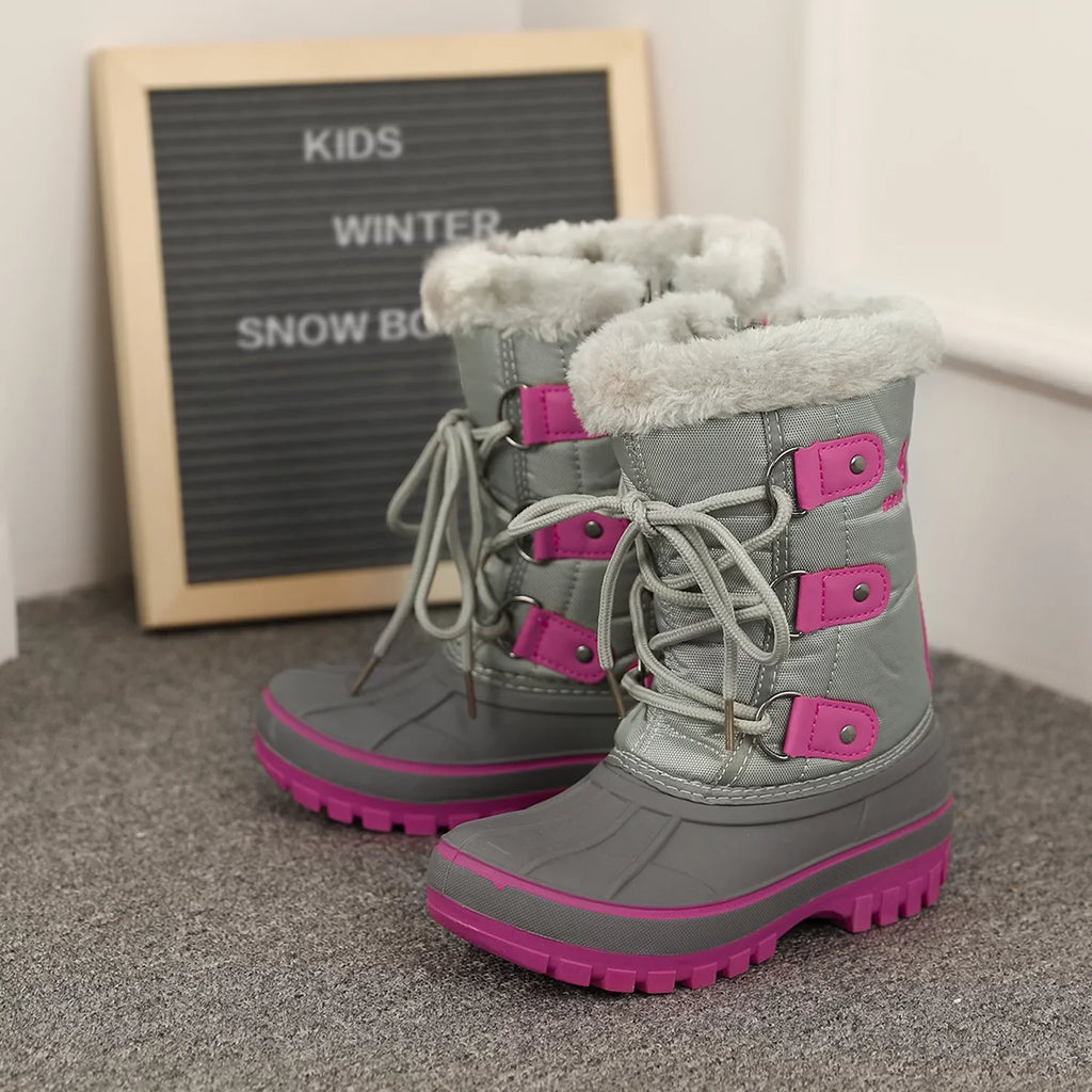 Dream Pairs Boys Girls Toddler Kids Ankle Winter Snow Boots Faux Fur-Lined Soft Boots Shoes Warm FORESTER GREY/FUCHSIA Size 5 Big Kid