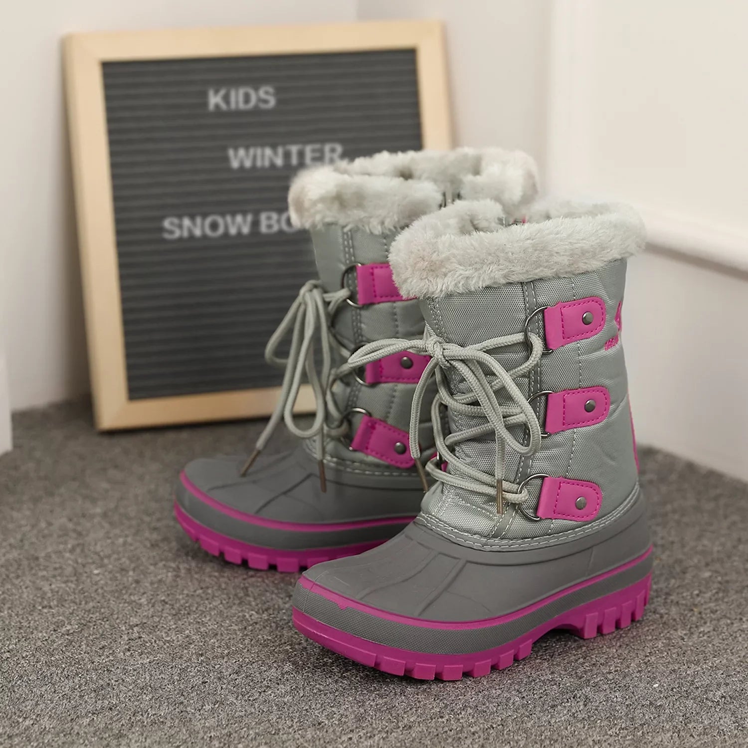 Dream Pairs Boys Girls Toddler Kids Ankle Winter Snow Boots Faux Fur-Lined Soft Boots Shoes Warm FORESTER GREY/FUCHSIA Size 5 Big Kid
