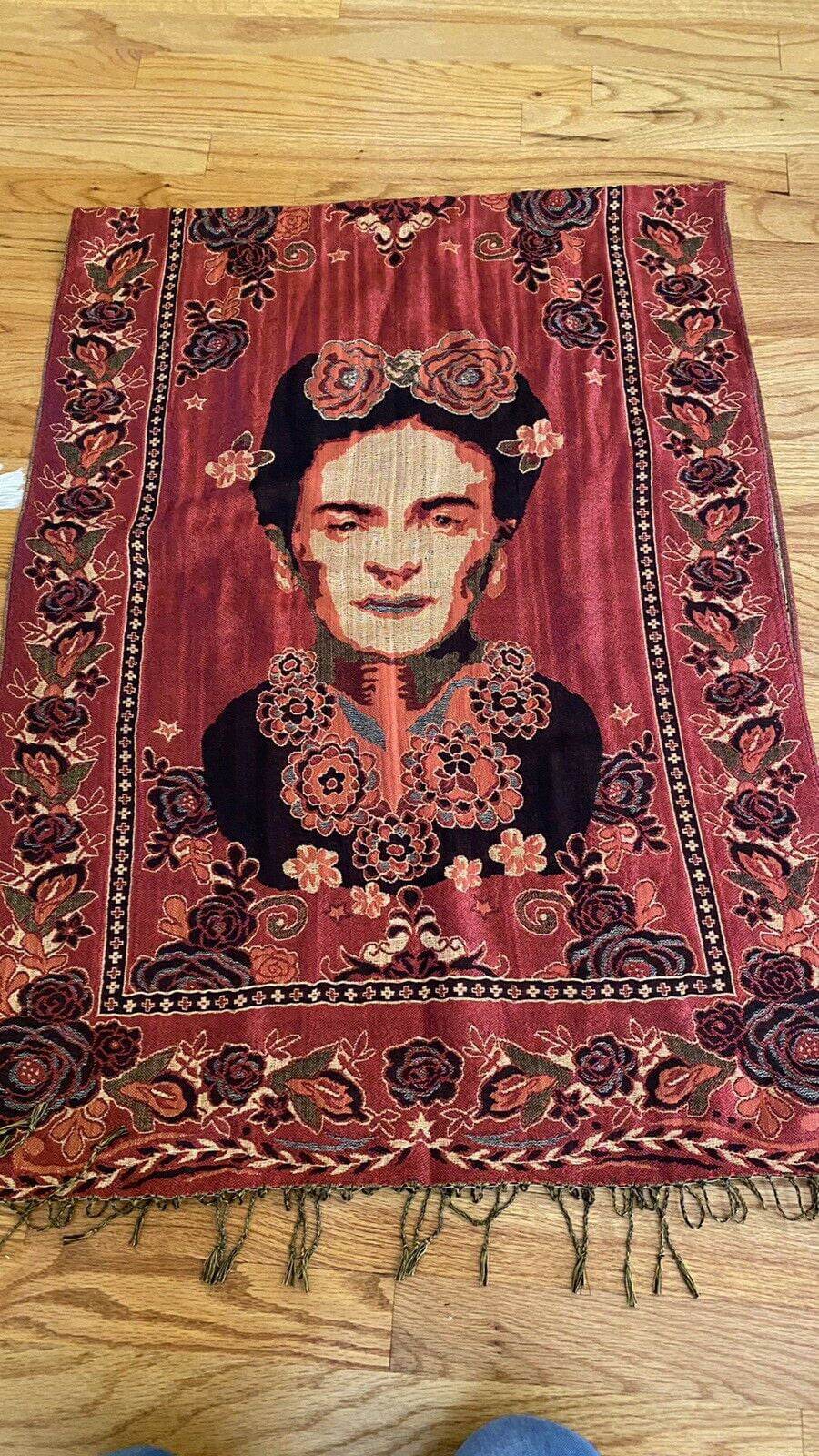 Mexican Pashmina Shawl Scarf Wrap Artist Frida Kahlo Red Pink Gold Reversible