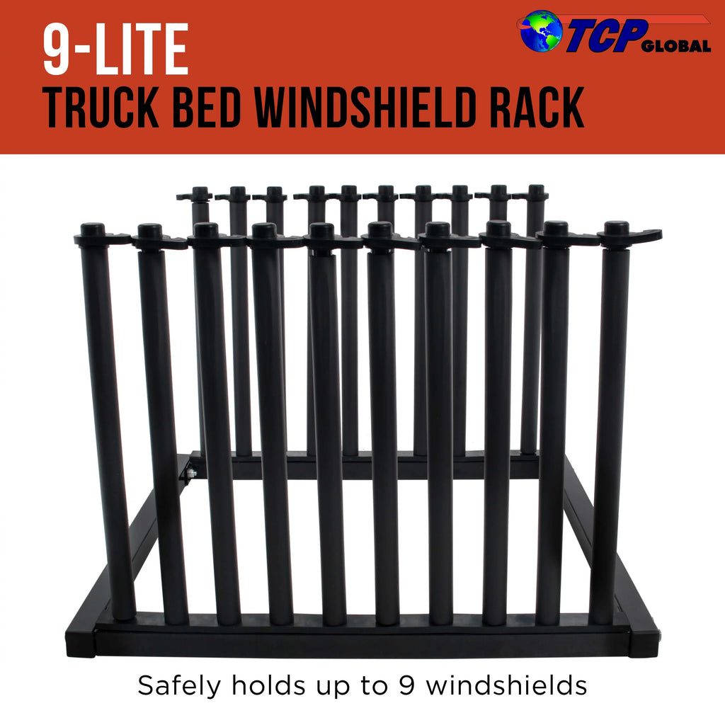 TCP Global 9-Lite Truck Bed Windshield Rack - Mobile 9 Slot Auto Glass Cargo Protection Management Rack - Safety Rubber Foam Pads, Mast Locks - Replacement Windshield Window Holder