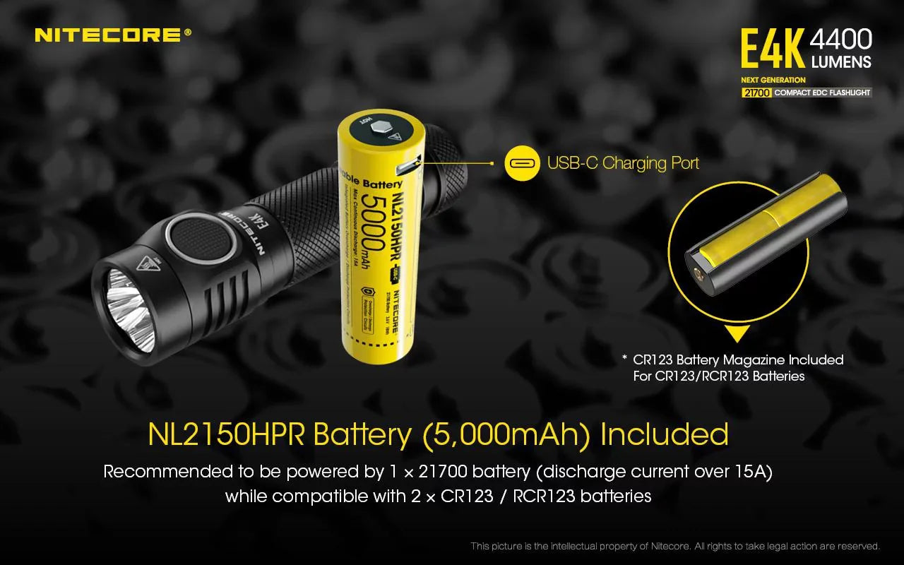Combo: NITECORE E4K Next generation Flashlight - 4400 Lumens w/Tini Brass Keychain Light -380 Lumens