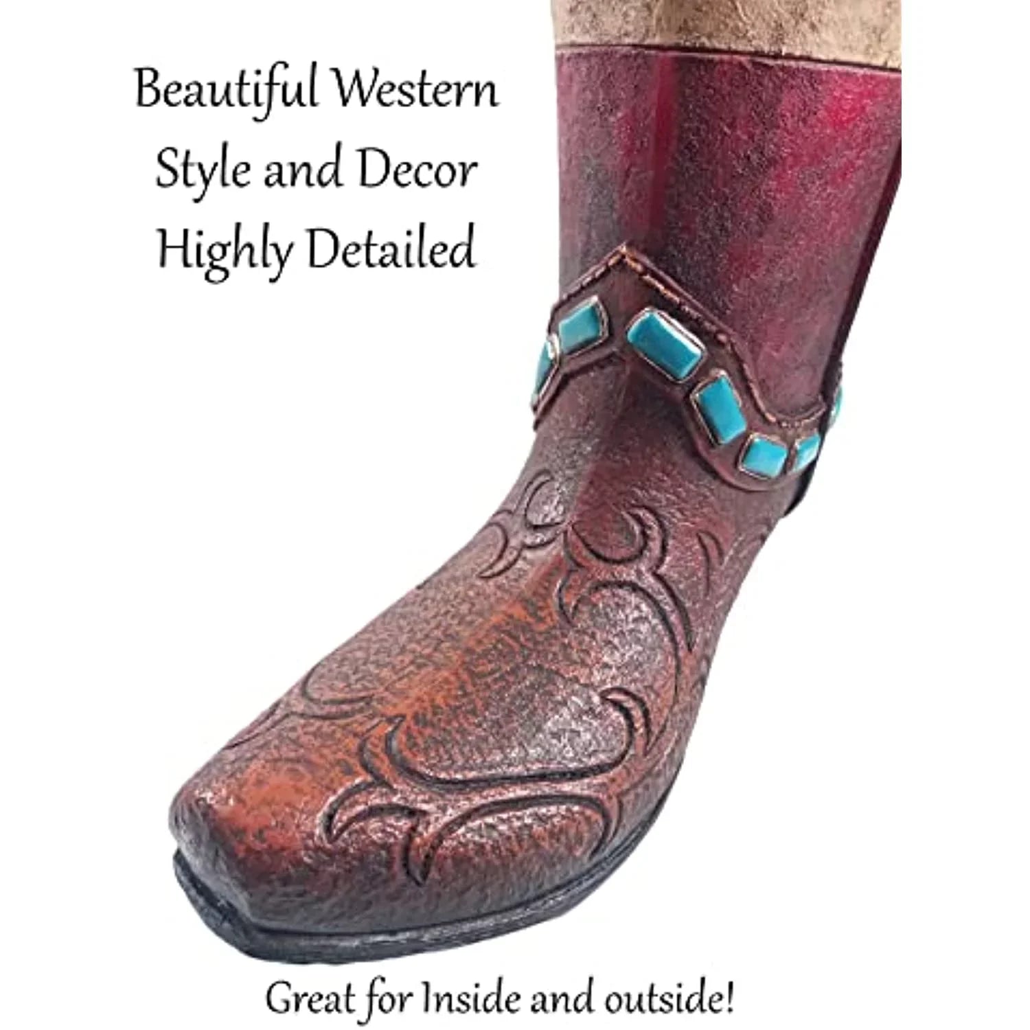 Urbalabs Western Teal Stone Texas Brown Cowboy Boot Vase Large 12 Inch Brown Teal Cowboy Boot Flower Vase Decorative Cowboy Boots Vases Home Office Rustic Decor Country Living Wedding Centerpiece