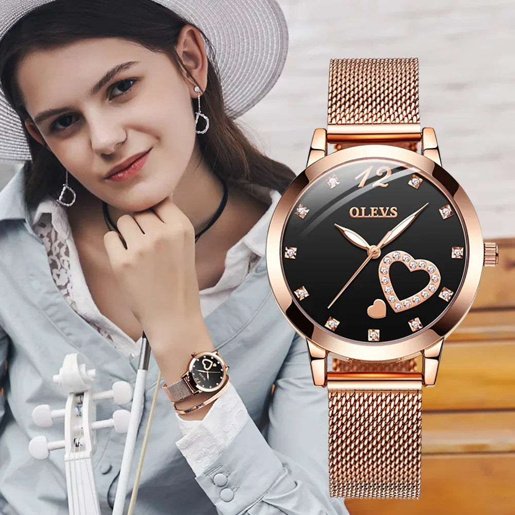 Olevs Elegant Women's Watch, Rose Gold Diamond Hearts Big Face Mesh Strap Fashion Dress Japanese Quartz Liquid Luminous Ladies Watches, Female Wristwatch, Gifts for Women