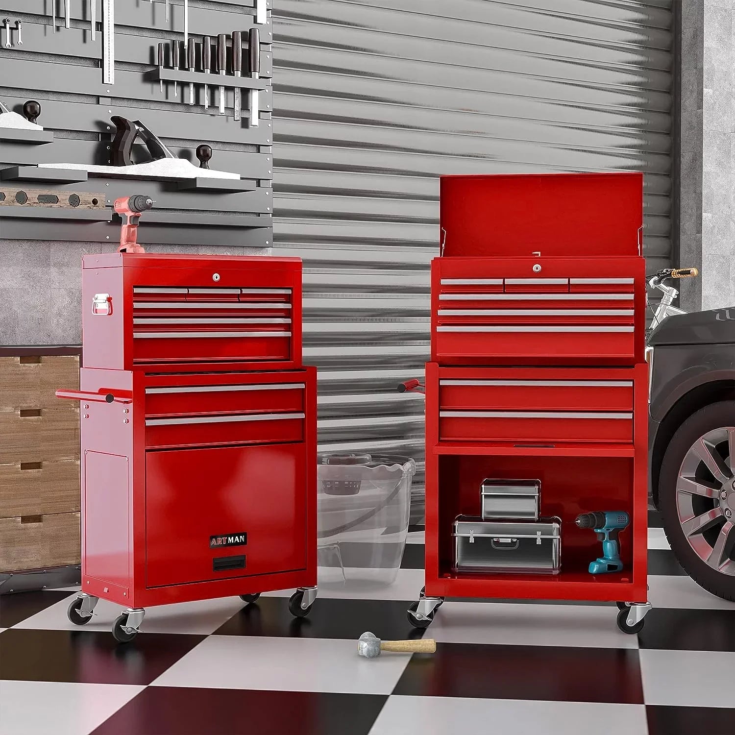 LoLado 8 Drawer Rolling Tool Chest with Wheels, High Capacity Tool Storage Cabinet & Tool Box Cart, Lockable Rolling Tool Chest with Drawers, Toolbox Organizer for Garage Warehouse Workshop - Red