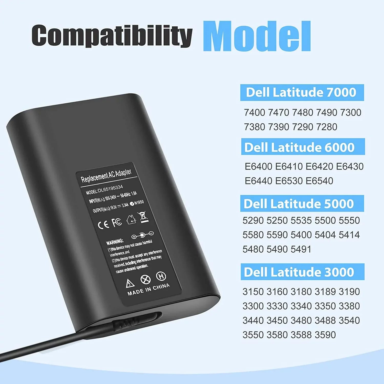 65W LA65NS2-01 Portable computer Charger AC Adapter for Latitude 5400 5500 5480 7400 7480 7490 7390 3440 E5400 E5420 E5450 E5470 E6420 E6430 E6540 E7470 E7480 LA65NM130