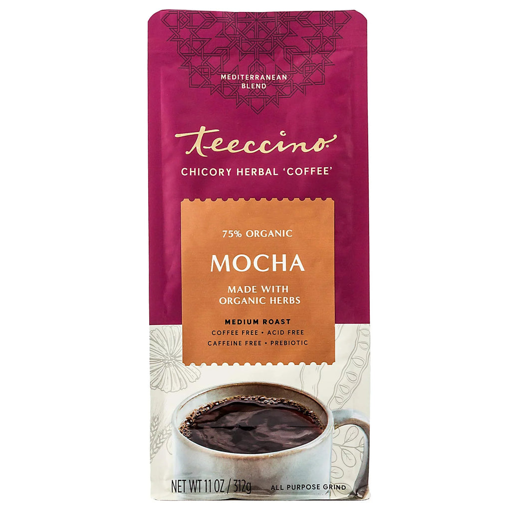 Teeccino Mocha Chicory Herbal Coffee Medium Roast Ground, 11 ounce (Pack of 6)
