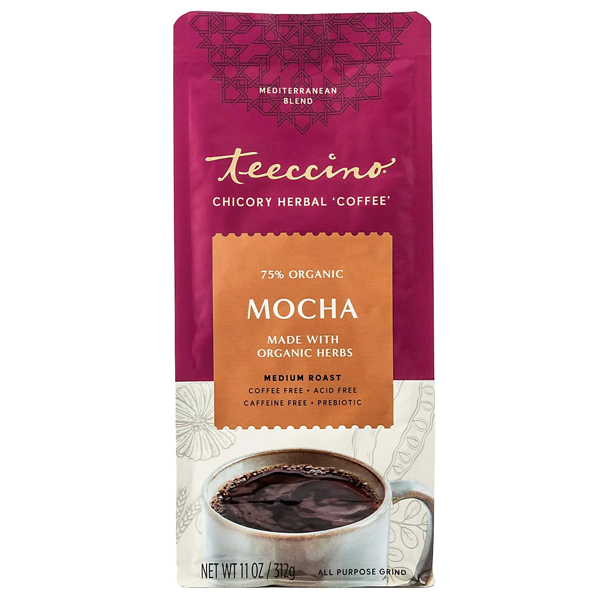 Teeccino Mocha Chicory Herbal Coffee Medium Roast Ground, 11 ounce (Pack of 6)