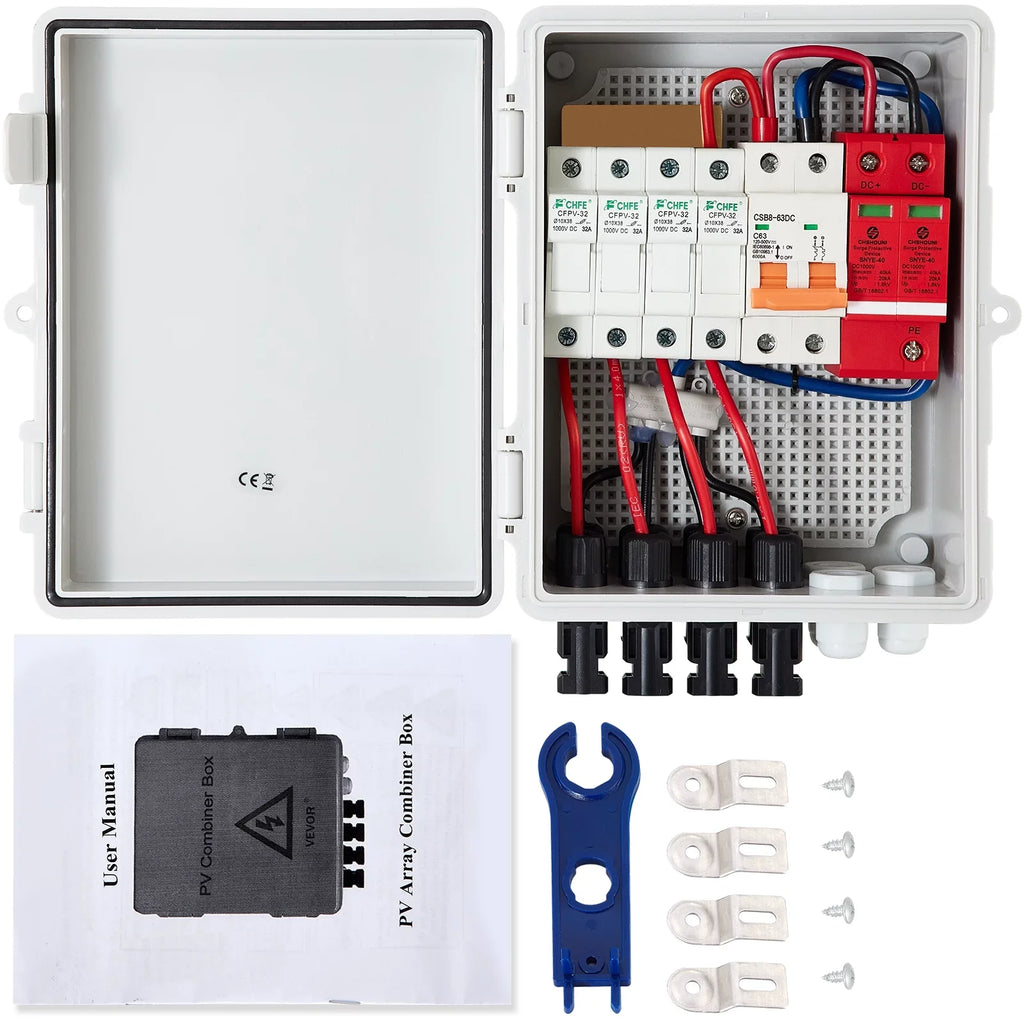 VEVOR PV Combiner Box, 4 String, Solar Combiner Box with 15a Rated Current Fuse, 63a Circuit Breaker, Lightning Arreste and Solar Connector, for On / Off Grid Solar Panel System, IP65 Liquid