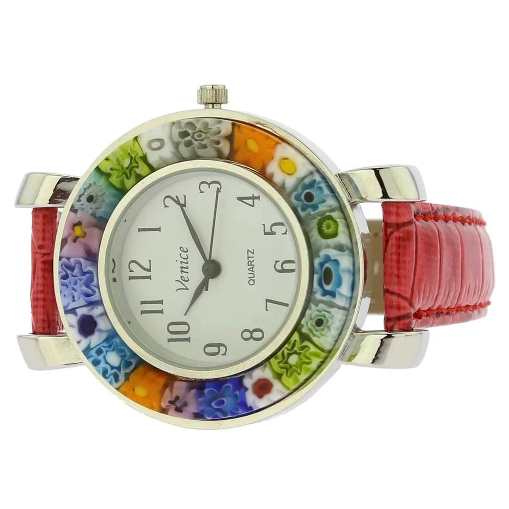 GlassOfVenice Serena Murano Millefiori Watch With Leather Band - Red