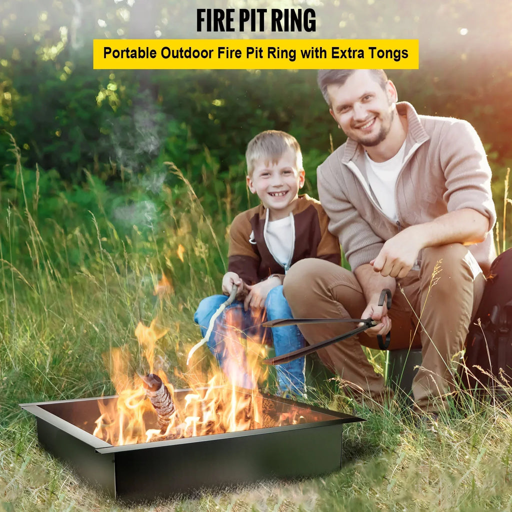 BENTISM Fire Pit Ring, 36" Square Fire Pit Insert, Heavy Duty Steel Fire Ring, DIY Bonfire Liner with Tongs Insert with Simple Installation for Outdoor, Patio, Backyard