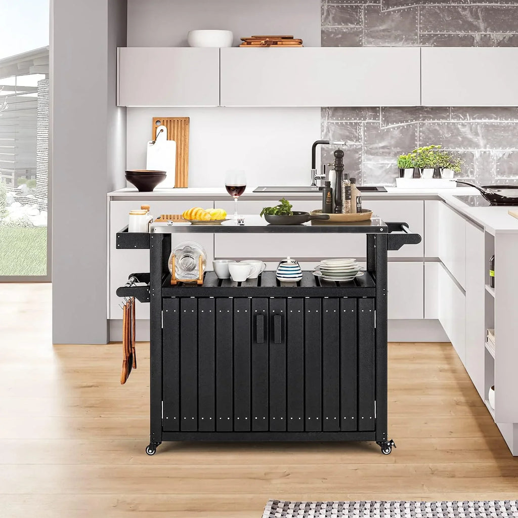 Kitchen Cart, HDPE Kitchen Island With Stainless Steel Top And Storage Cabinet, Rolling Island Table With Hooks, Spice Rack, Towel Rack, Black
