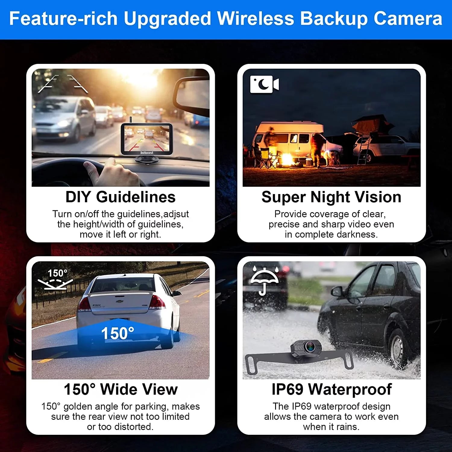 DoHonest Wireless Backup Camera 7-Inch: Plug and Play Easy to Install Truck Car Monitor Kit HD 1080P Bluetooth Reverse Cam for Pickup Camper Van Stable Signal 2 Channel Night vision Auto-Switching V