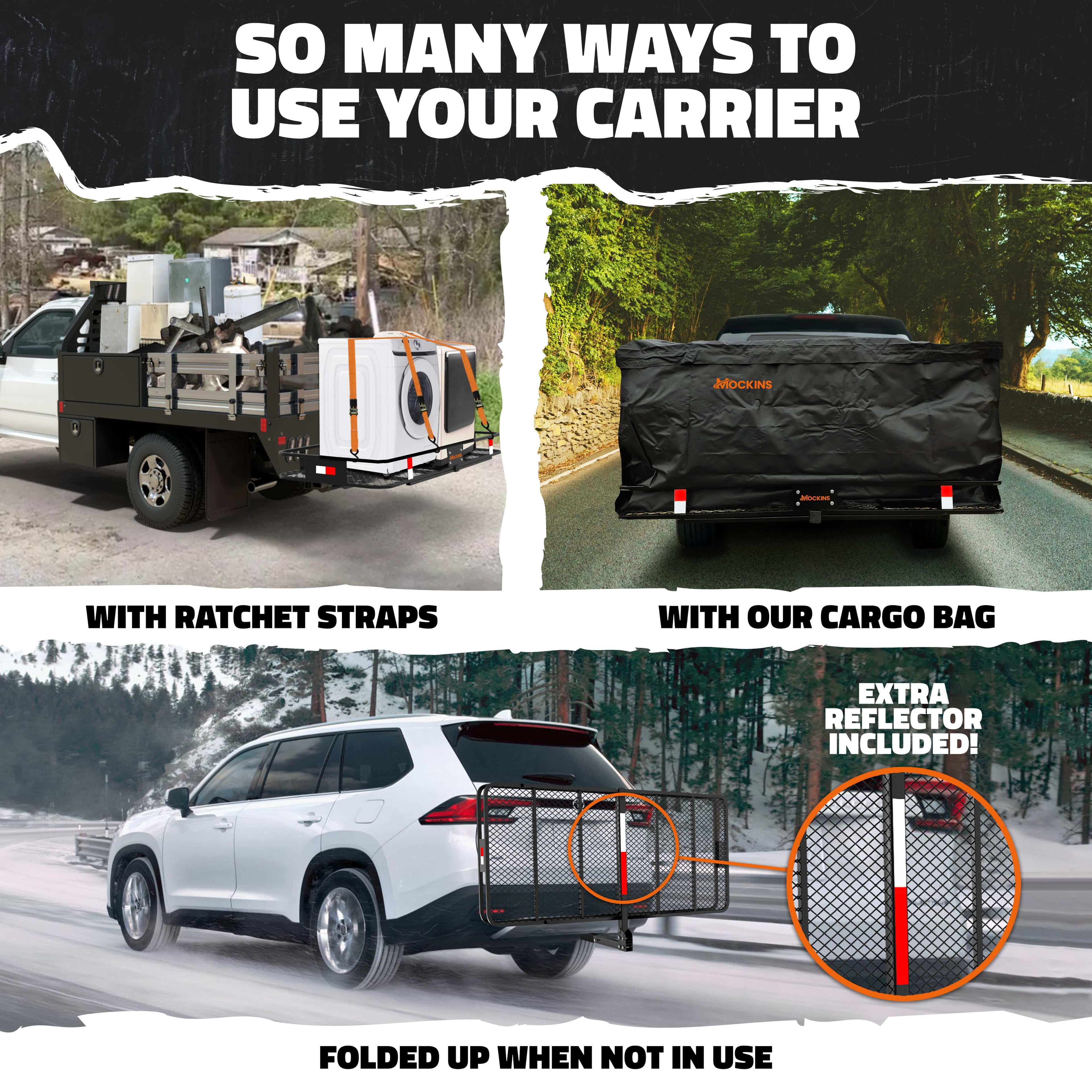 Mockins 70"x30"x6" XXL Trailer Hitch Cargo Carrier Hitch Mount | 500lbs Cap. Hitch Basket with 40 CF Bag & Foldable Arm