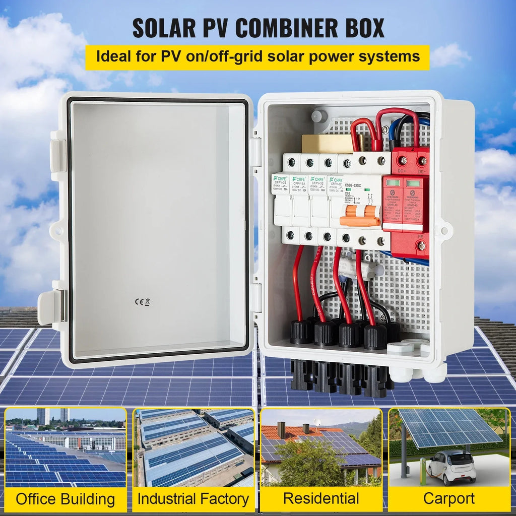 VEVOR PV Combiner Box, 4 String, Solar Combiner Box with 15a Rated Current Fuse, 63a Circuit Breaker, Lightning Arreste and Solar Connector, for On / Off Grid Solar Panel System, IP65 Liquid