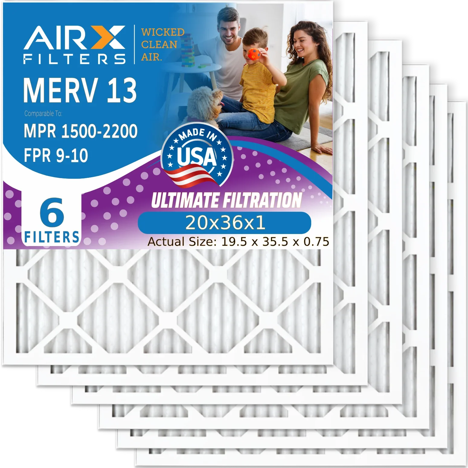 20x36x1 Air Filter MERV 13 Comparable to MPR 1500 - 2200 & FPR 9 Electrostatic Pleated Air Conditioner Filter 6 Pack HVAC AC Premium USA Made 20x36x1 Furnace Filters by AIRX FILTERS WICKED CLEAN AIR.