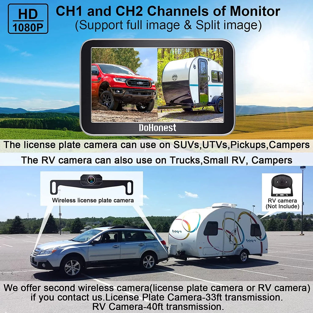 DoHonest Wireless Backup Camera 7-Inch: Plug and Play Easy to Install Truck Car Monitor Kit HD 1080P Bluetooth Reverse Cam for Pickup Camper Van Stable Signal 2 Channel Night vision Auto-Switching V