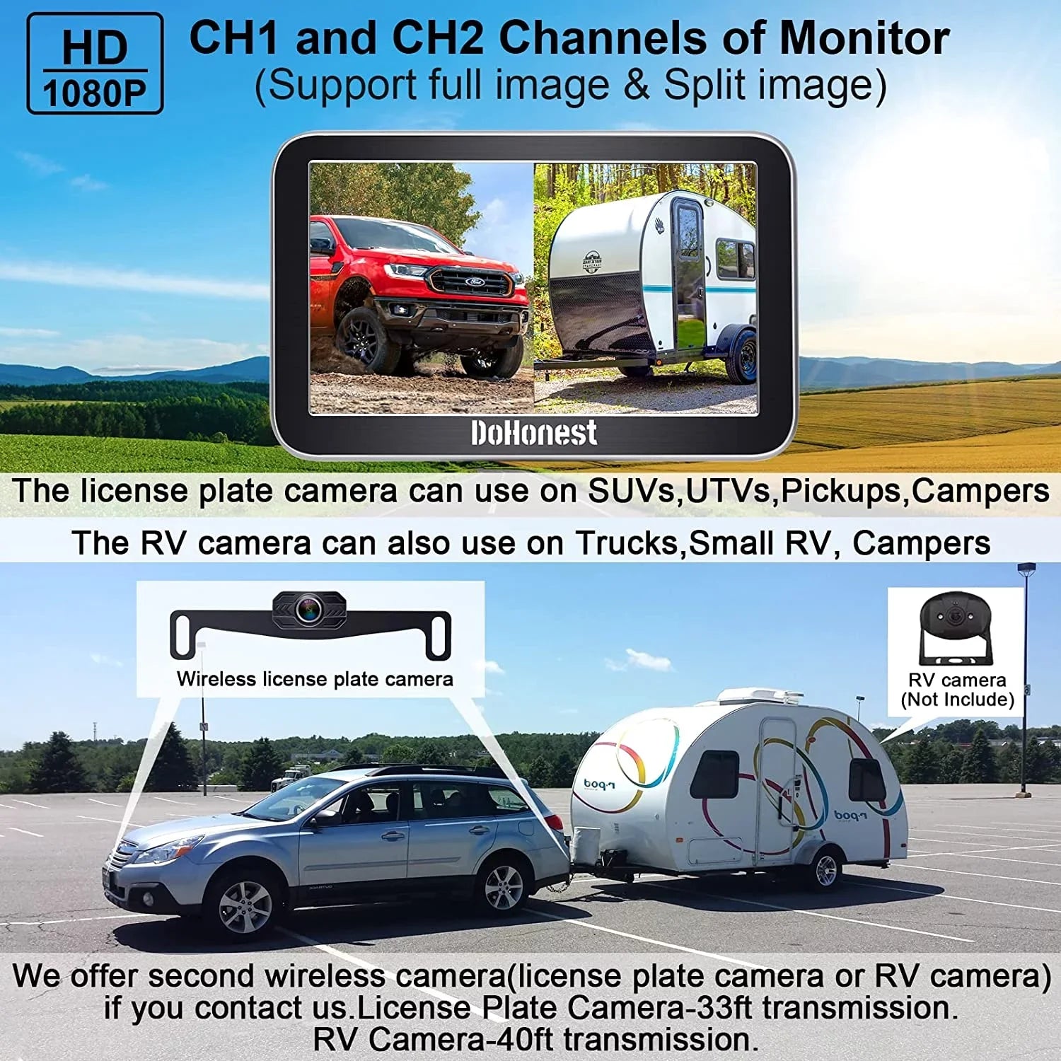DoHonest Wireless Backup Camera 7-Inch: Plug and Play Easy to Install Truck Car Monitor Kit HD 1080P Bluetooth Reverse Cam for Pickup Camper Van Stable Signal 2 Channel Night vision Auto-Switching V