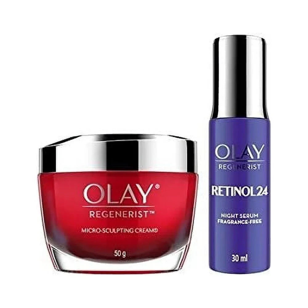 Olay Regenerist Micro-Sculpting Cream and Retinol24 Night Serum Gift Set (Essence 1 oz + Moisturizer 1.8 oz)