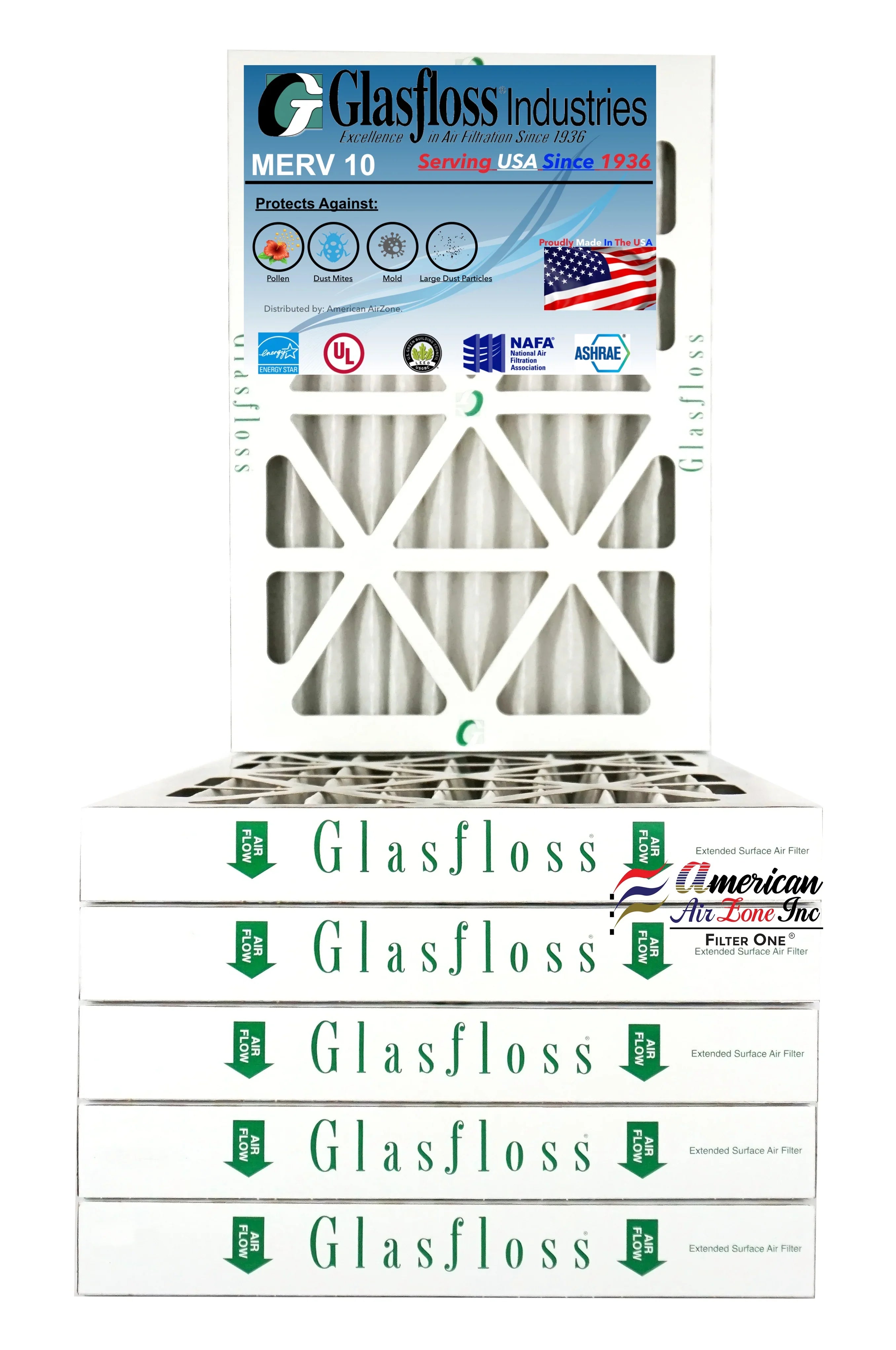 Glasfloss Air Filter 15x20x2 - 2" MERV 10 - (Pack of 6) - Pleated AC or HVAC Air Filter - Furnace Air Filter - Home or Office - Made In The USA.