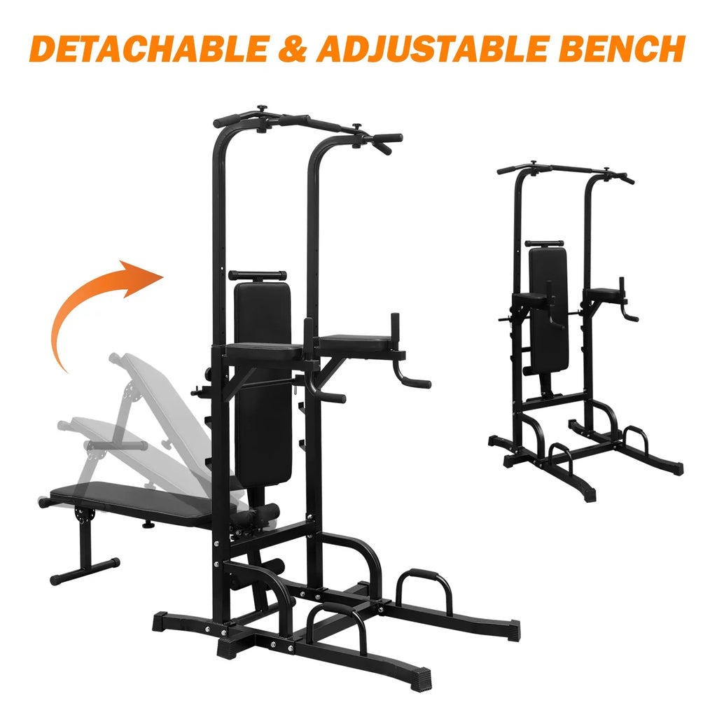 Power Tower Dip Station with Bench Pull Up Bar Stand Adjustable Height Heavy Duty Multi-Function Fitness Training Equipment for Home Office Gym,Steel