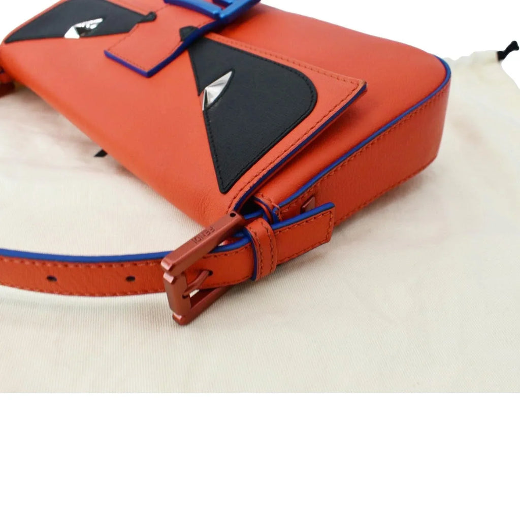 Pre-owned FENDI Monster Eye Baguette Calfskin Leather Crossbody Bag Orange