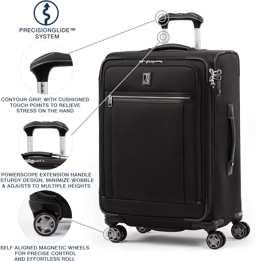 Travelpro Platinum Elite Softside Expandable Checked Luggage, 8 Wheel Spinner Suitcase, TSA Lock, Men and Women, Shadow Black, Checked Medium 25-Inch Checked-Medium 25-Inch Shadow Black