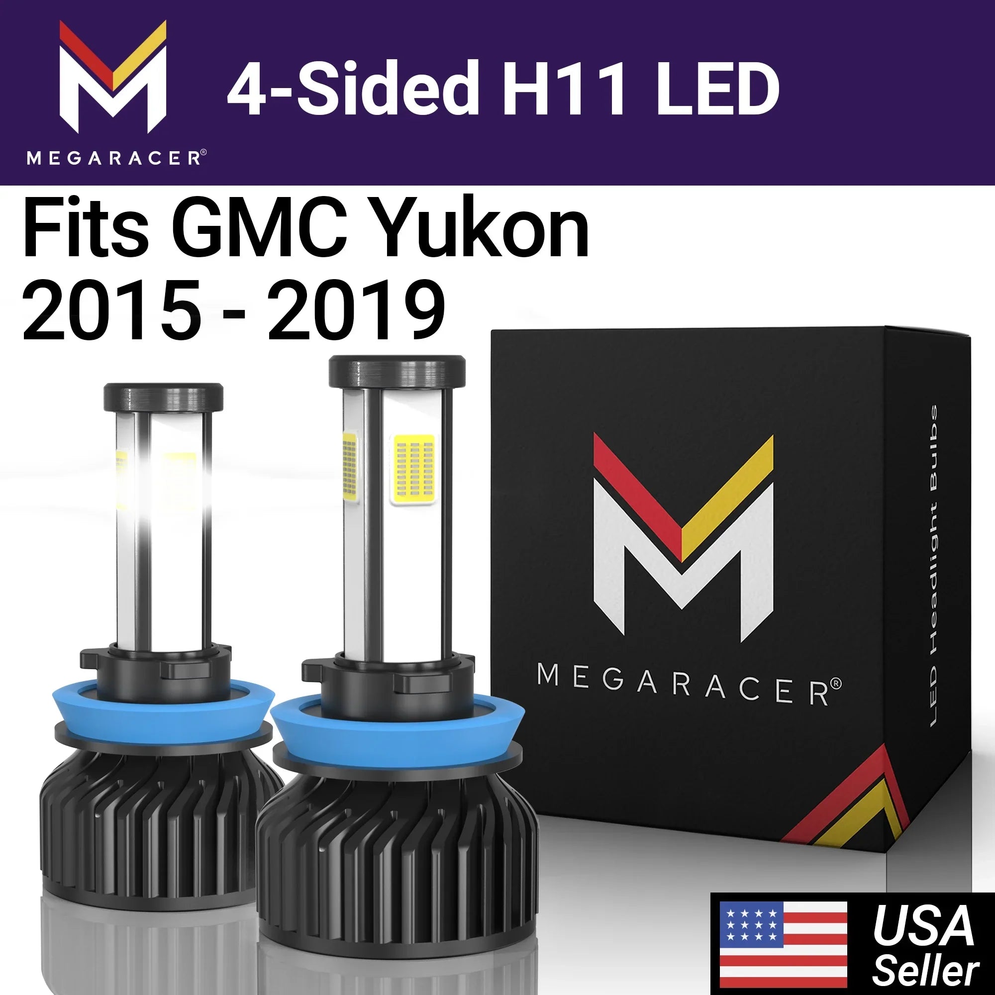 Mega Racer GMC Yukon 4 Sided H11 H9 H8 LED Headlight Bulbs 6000K Diamond White 12V 60W 10000LM GMC Yukon 2015 2016 2017 2018 2019 15 16 17 18 19 Low Beam Automotive Replacement