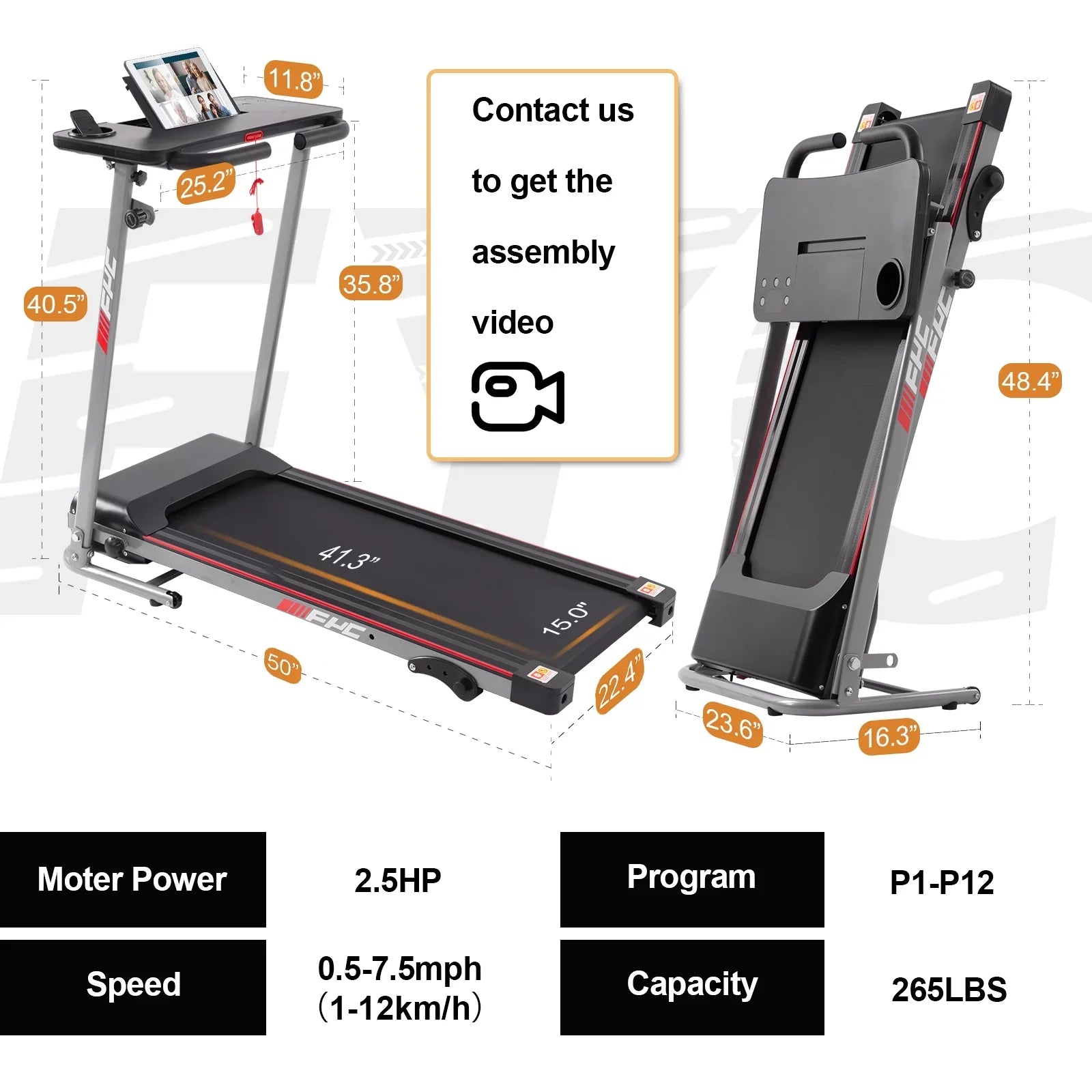CoSoTower Folding Treadmill for Home with Desk - 2.5HP Compact Electric Treadmill for Running and Walking Foldable Portable Running Machine for Small Spaces Workout, 265LBS Weight Capacity