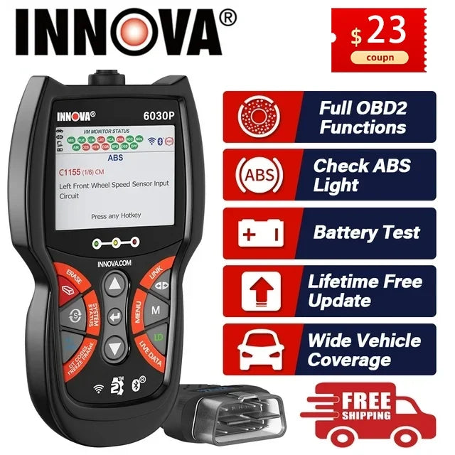 Innova 6030P Car Code Reader Scan Engine ABS Diagnostic Tool Live Data Battery Alternator Test OBD2 Scanner Automotive Scanner Car Scan Tool Read Clean Codes Turn off MILs Auto Analyzer for 12V Cars