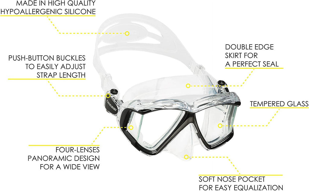 Panoramic Wide View Diving Mask - 4-Window Tempered Glass - Soft Silicone Skirt For A Perfect Seal - Pano 4: Designed In Italy