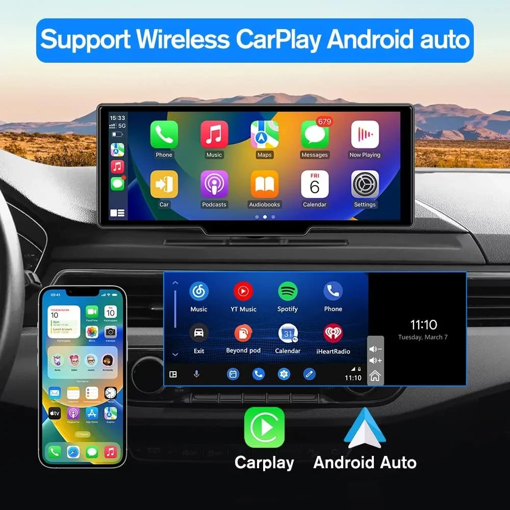 Awesafe 10.25 Inch IPS Touch Monitor Wireless Carplay Android Auto Bluetooth Unit Portable Car Radio Stereo with 1080p Backup Camera DVR GPS Navigator AirPlay AUX/FM Googel Siri
